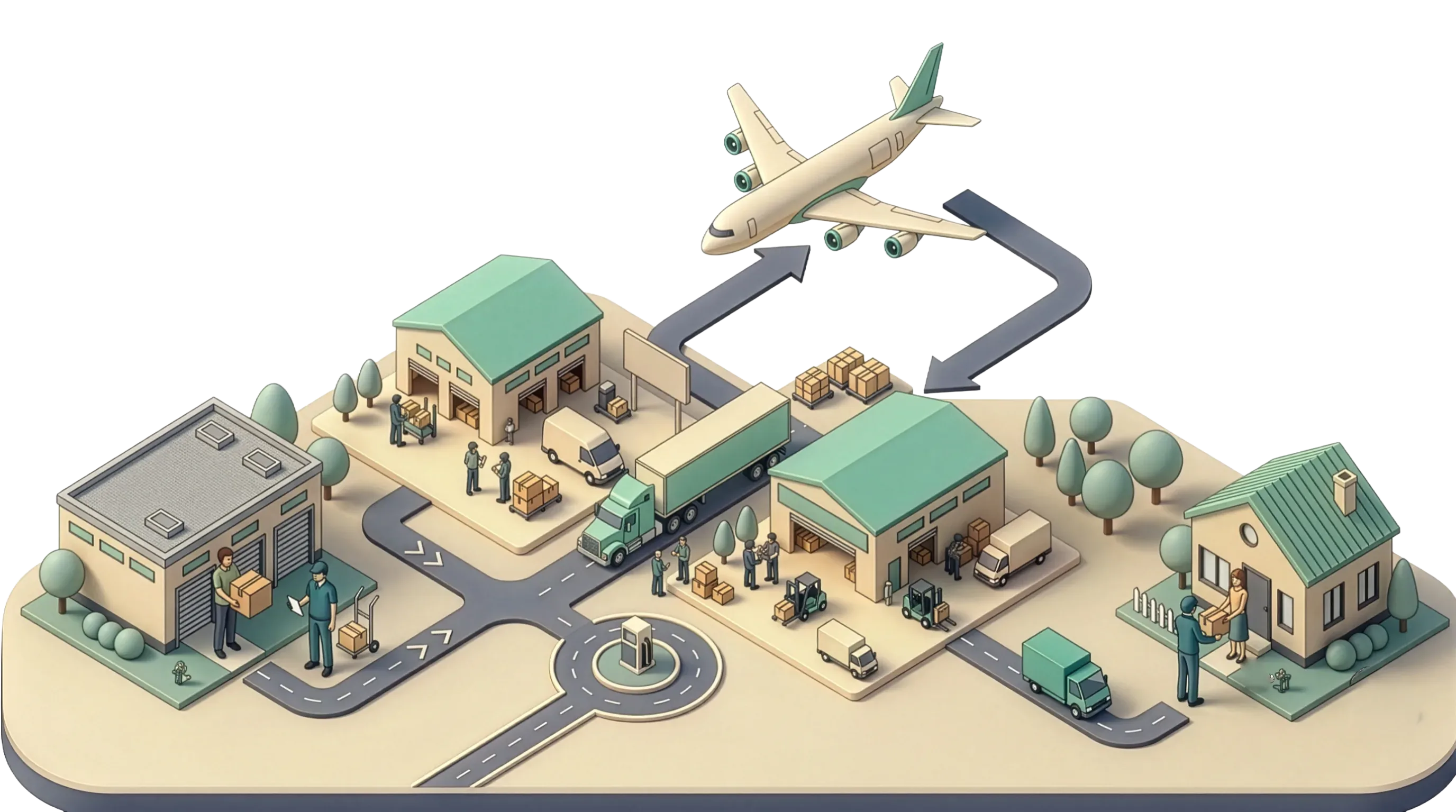 Trajet isométrique d'un colis, de l'expéditeur aux entrepôts, par air et par voie terrestre, jusqu'au destinataire
