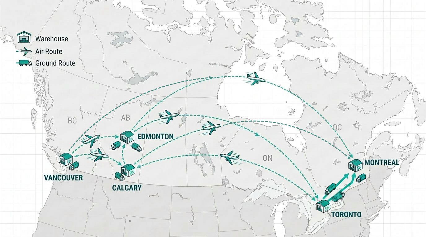 Carte du Canada montrant les routes aériennes et terrestres entre les centres de Vancouver, Calgary, Edmonton, Toronto et Montréal